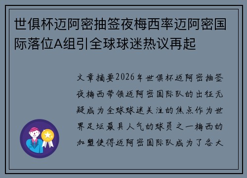 世俱杯迈阿密抽签夜梅西率迈阿密国际落位A组引全球球迷热议再起 世俱杯迈阿密抽签夜梅西率迈阿密国际落位A组引全球球迷热议再起